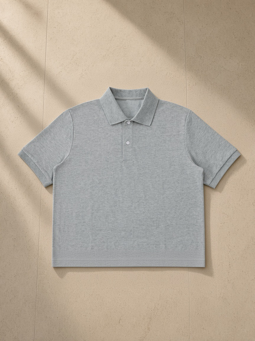 Cropped polo shirt in Gray, laid flat on pale limestone