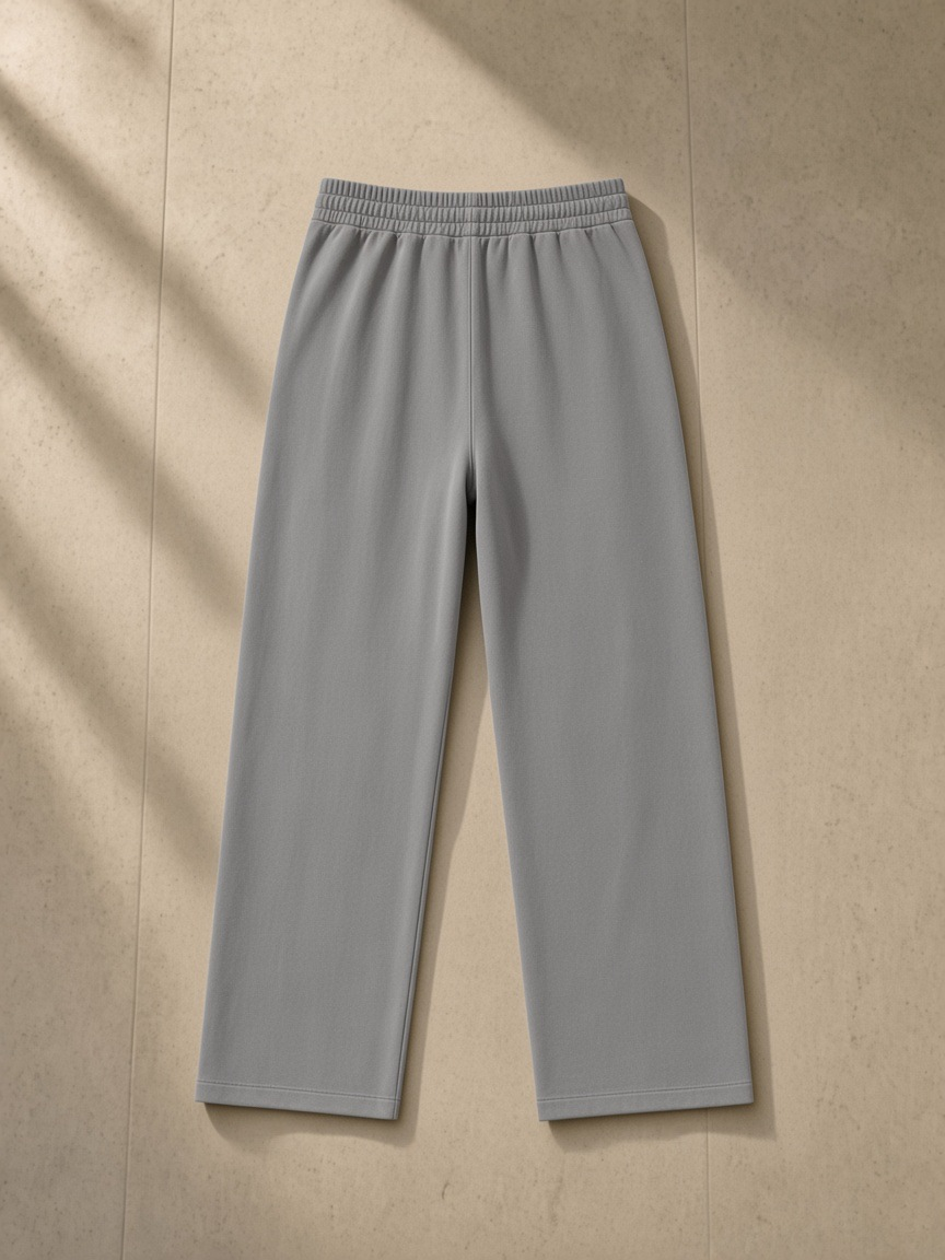 Vintage Washed Waist Pants in Medium Gray, laid flat on pale limestone, back.