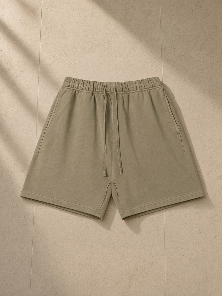 Vintage Wash Cotton Shorts in Gray Coffee, laid flat on pale limestone