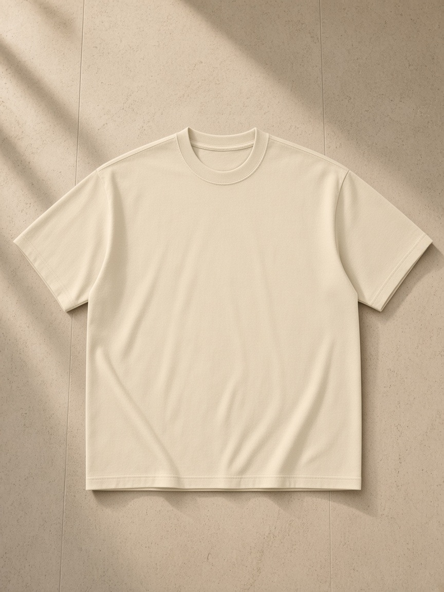Men's heavyweight earth tone t-shirt in Milk Tea, laid flat on pale limestone