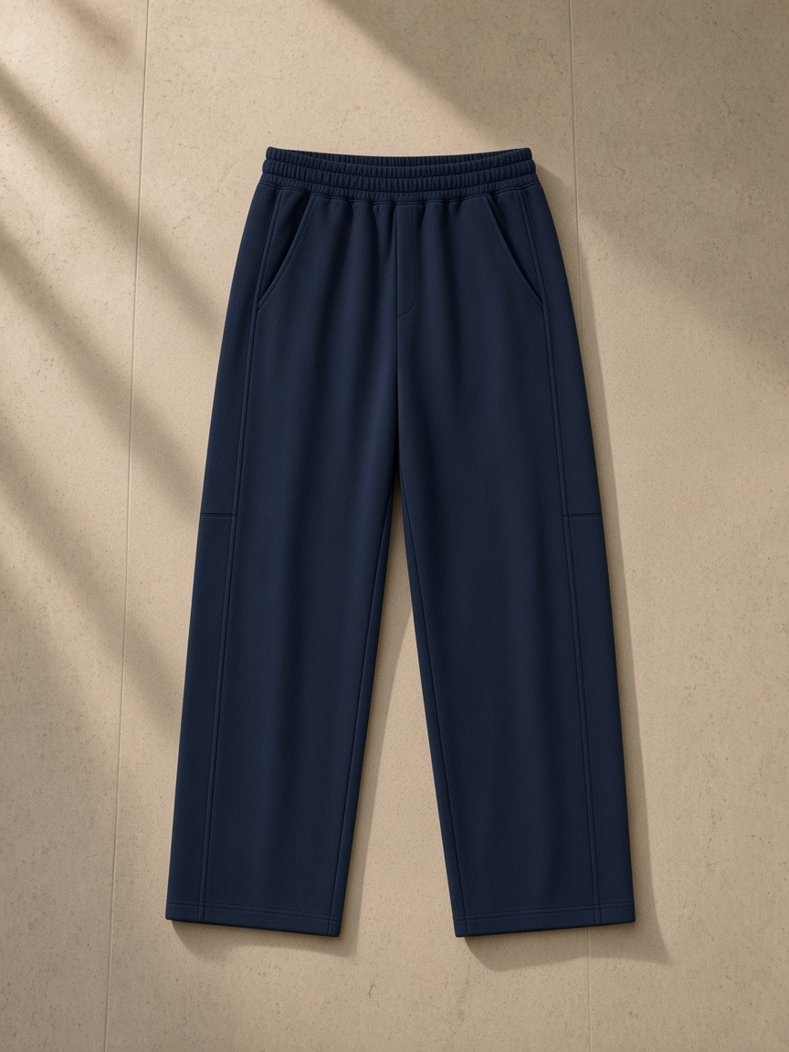 Tapered straight hem sweatpants in Navy Blue on a wooden hanger in a Tokyo hotel suite at night