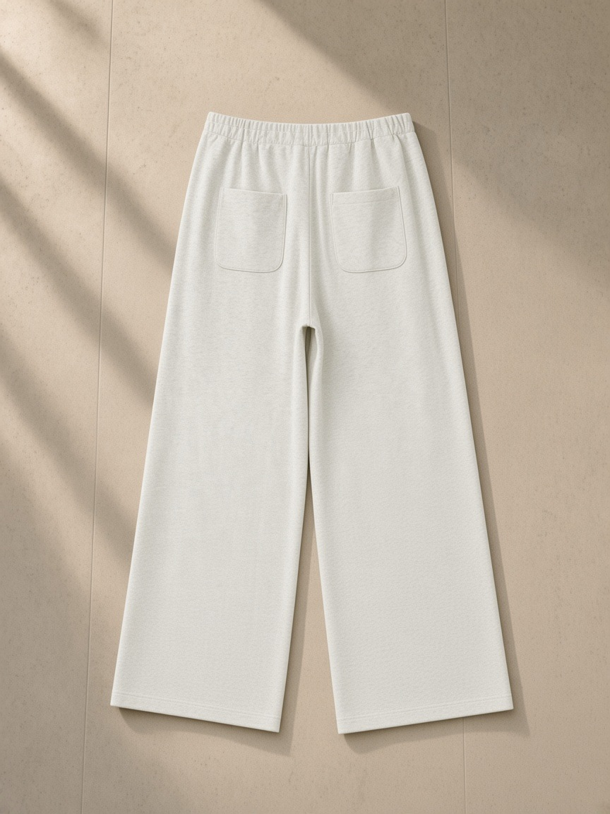 Women's Wide Leg Sweatpants in Oat Gray, laid flat on pale limestone, back.