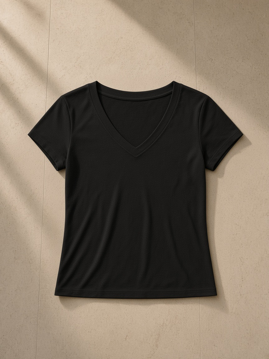 Tencel slim fit v-neck t-shirt in Black, laid flat on pale limestone