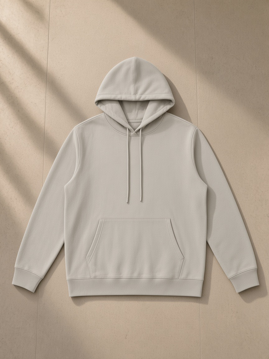 Essential oversized hoodie in Light Gray, laid flat on pale limestone