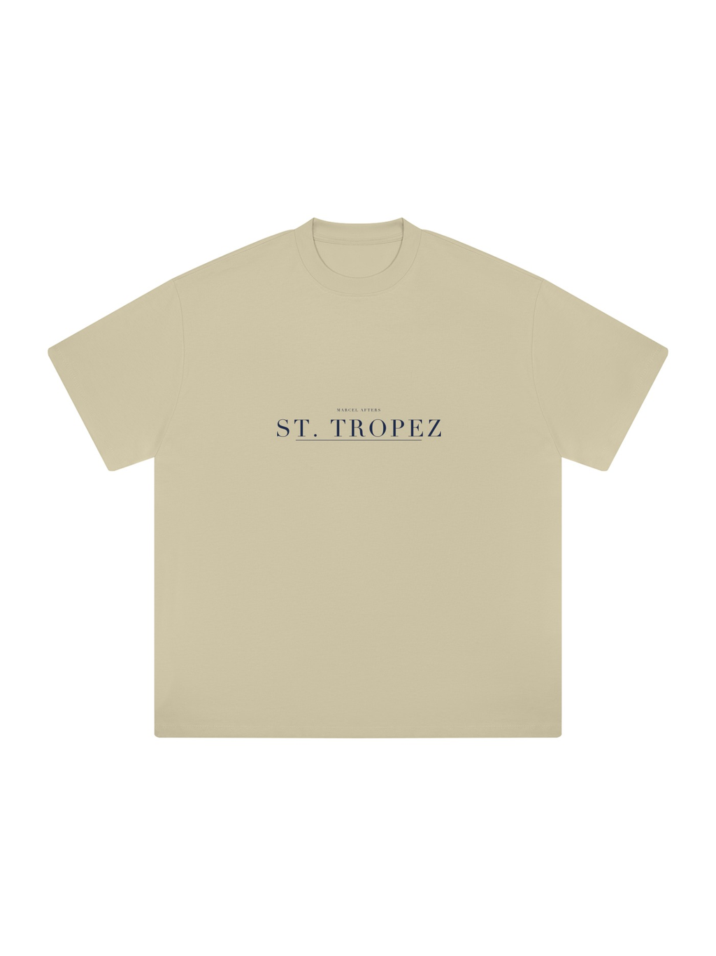 St. Tropez Heavyweight Drop Shoulder T-Shirt by Marcel Afters in Pale Khaki, front view with the printed artwork, on white