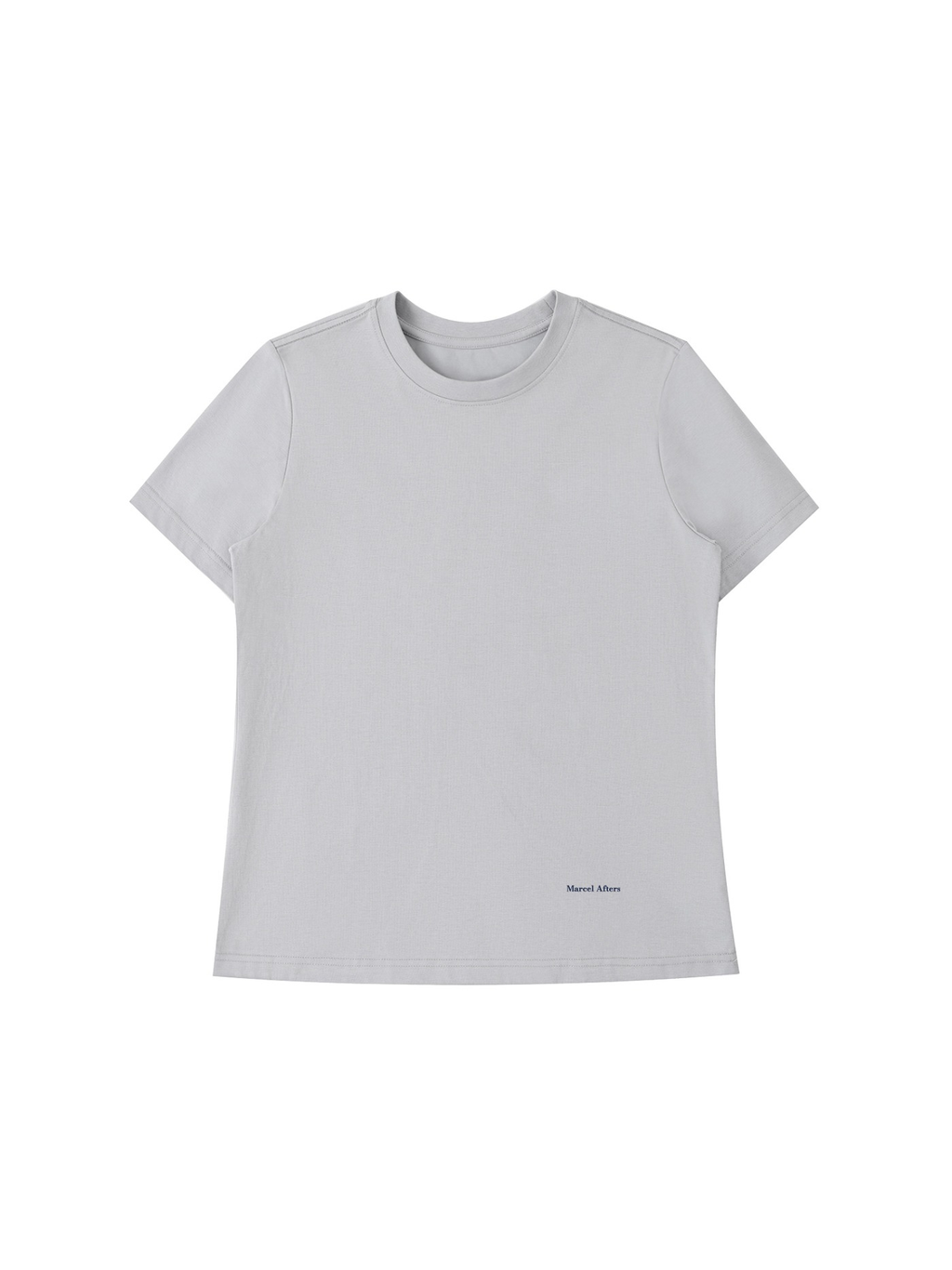 Women's standard shoulder t-shirt in Light Gray, front view on white. Marcel Afters