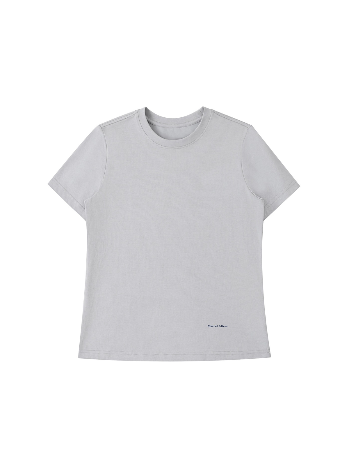 Essential Standard Shoulder T-Shirt in Light Gray, laid flat on pale limestone, front.