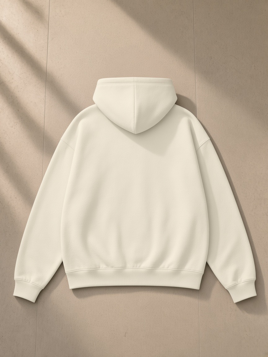 Unisex heavyweight hidden pocket fleece hoodie in Bone, laid flat on pale limestone, back view