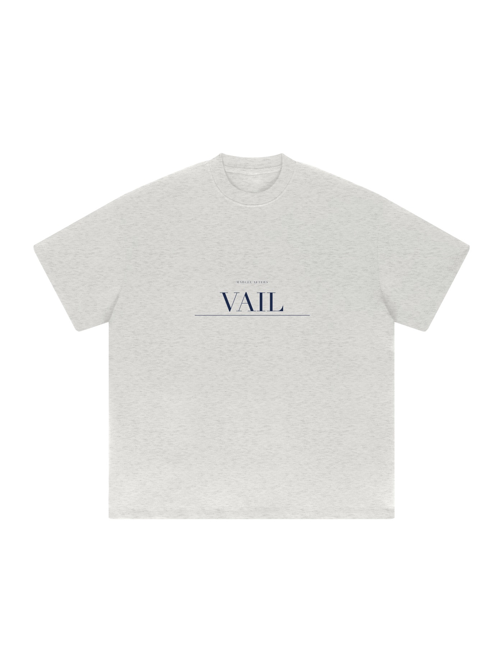 Vail Heavyweight Drop Shoulder T-Shirt by Marcel Afters in Oat Gray, front view with the printed artwork, on white