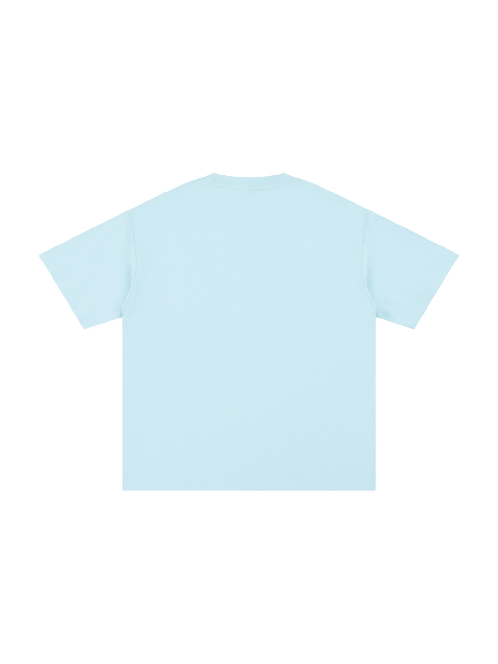 Unisex pure cotton t-shirt in Light Blue, back view on white. Marcel Afters