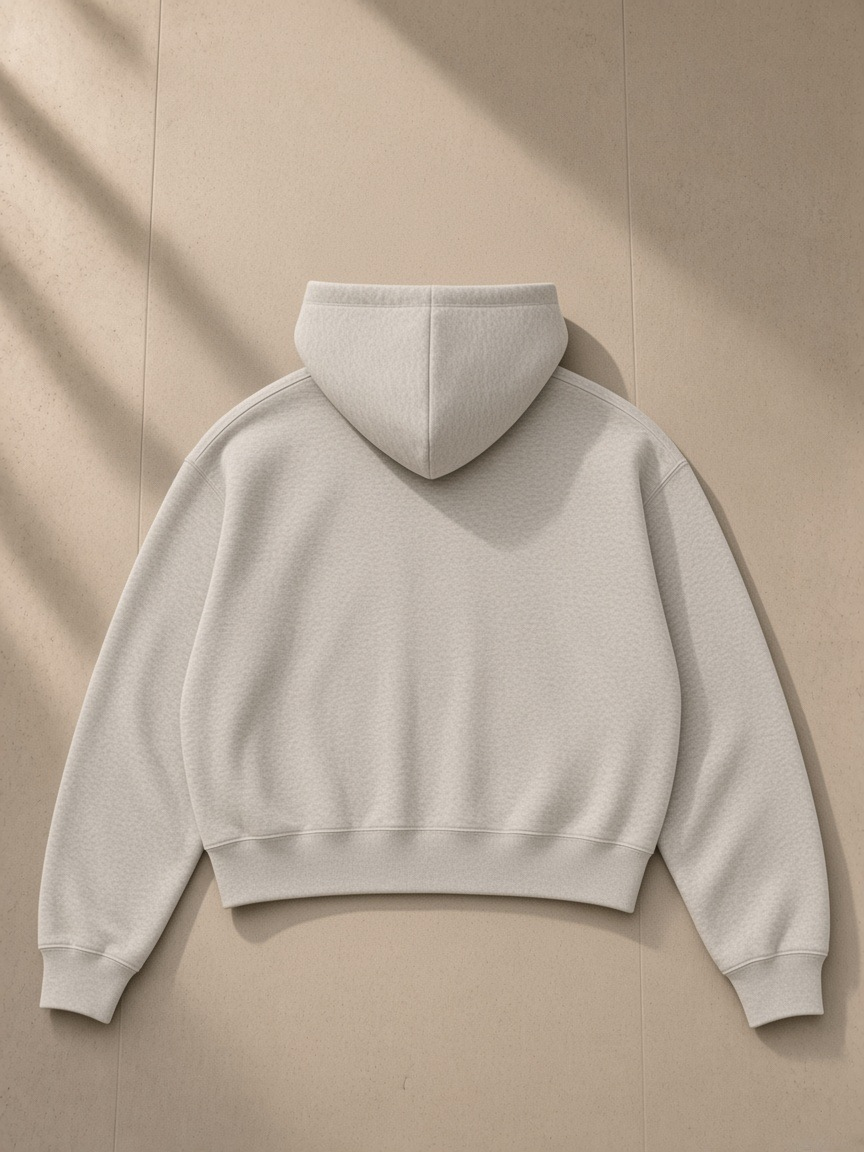 Essential cropped zip-up hoodie in Oat Gray, laid flat on pale limestone, back view