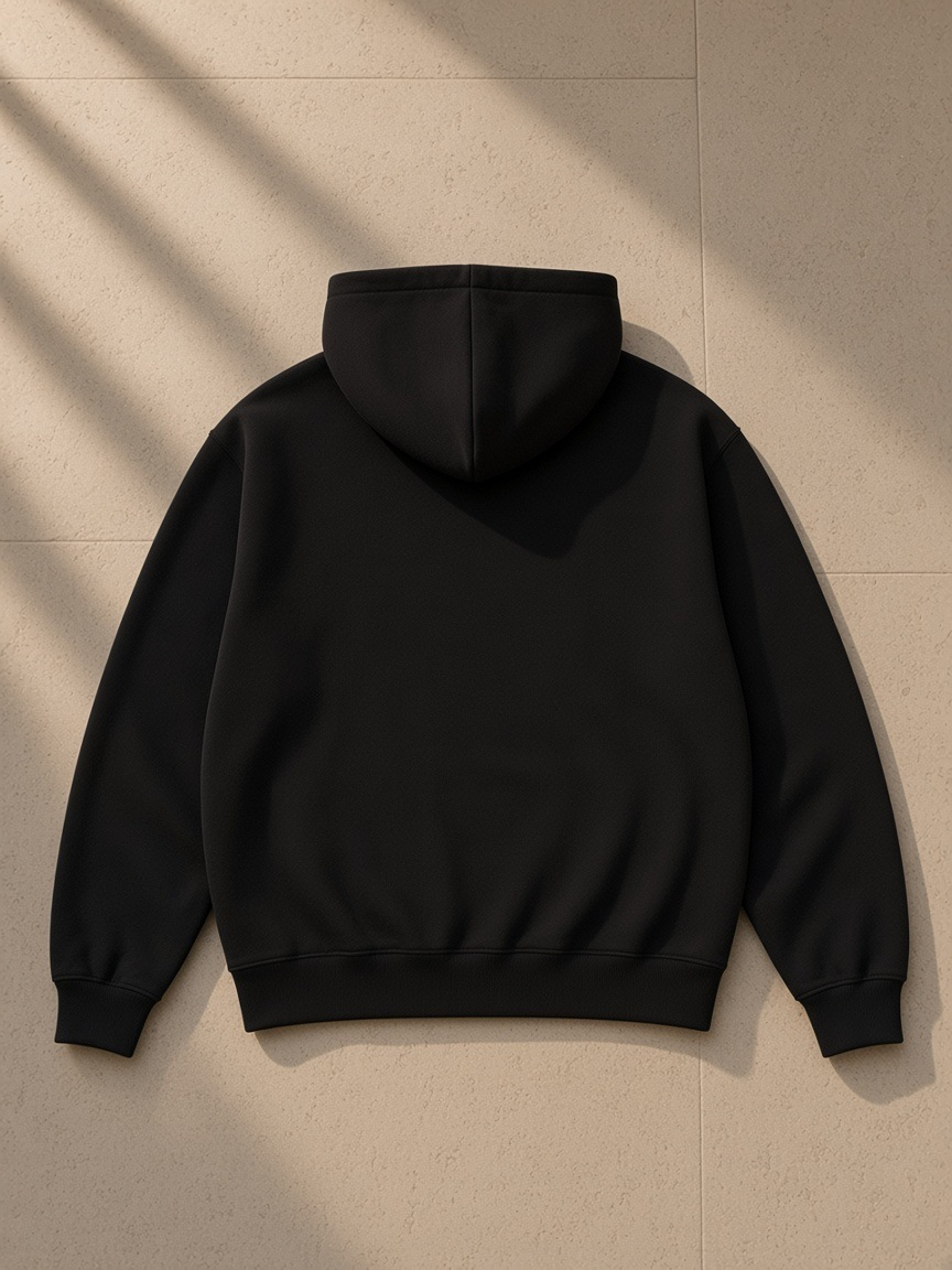 Unisex heavyweight fleece hoodie in Black draped over a pool lounger in a Mykonos terrace suite at night