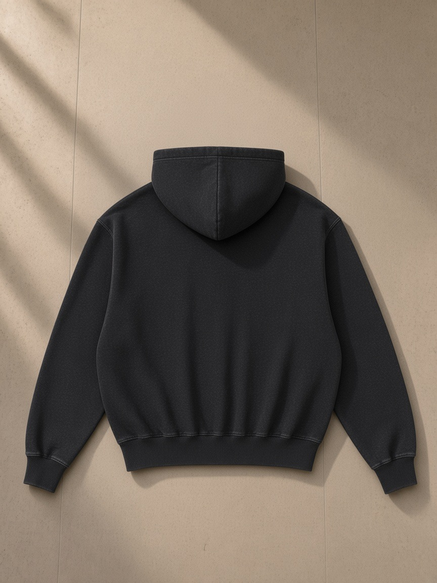 Frayed Enzyme Washed Fleece Hoodie in Black, laid flat on pale limestone, back view