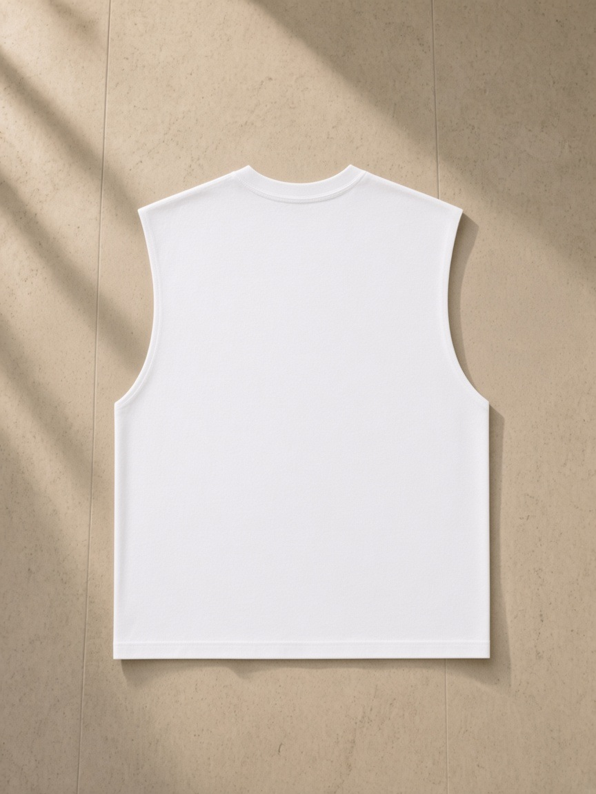 Raw Edge Cotton Tank Top in White, laid flat on pale limestone, back.