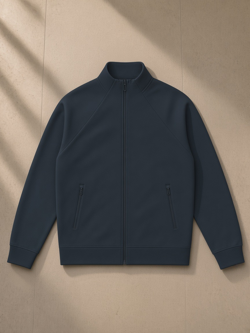 Zip-Pocket Stand Collar Jacket in Navy Blue, laid flat on pale limestone