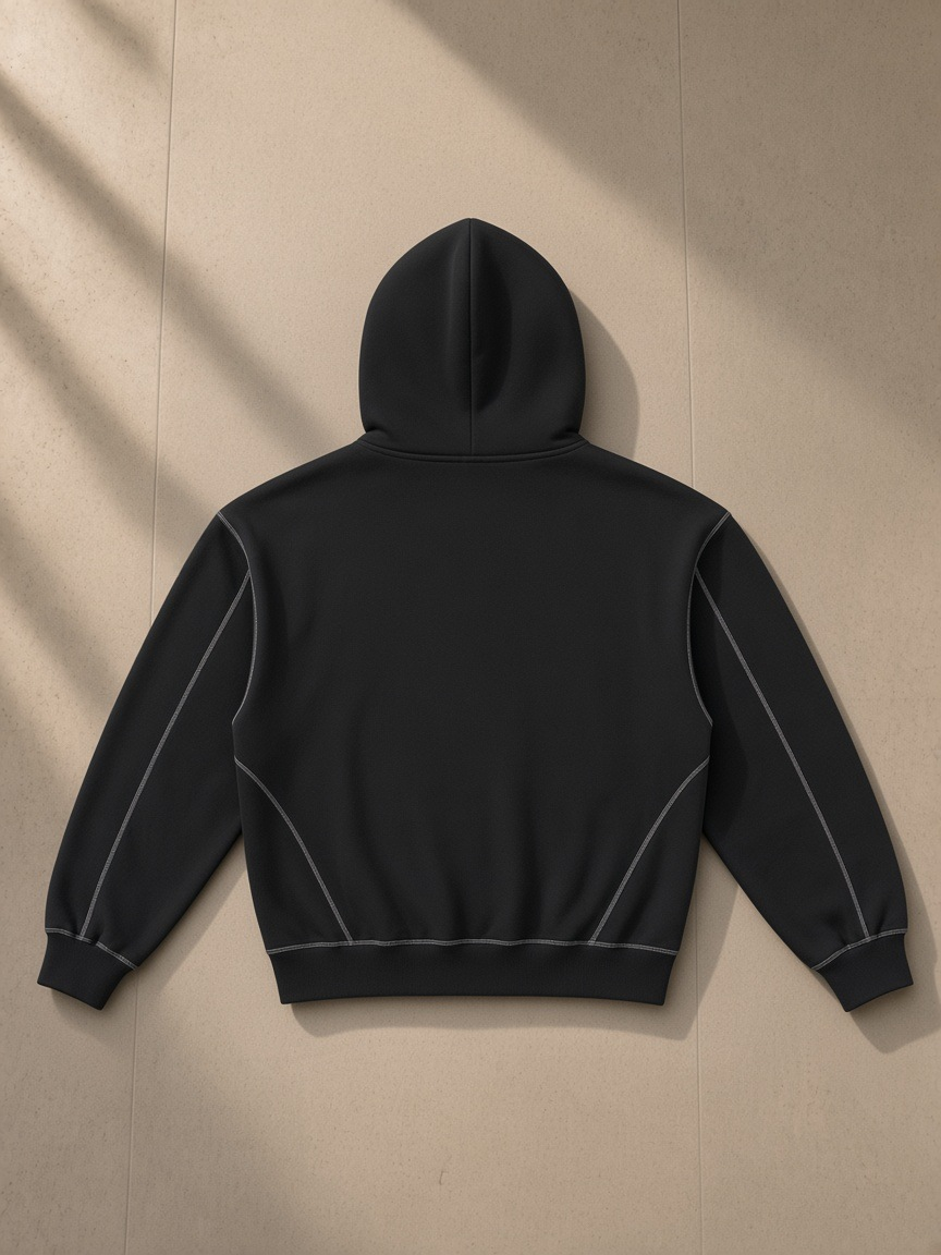 Unisex contrast-stitched boxy fleece hoodie in Black, laid flat on pale limestone, back view