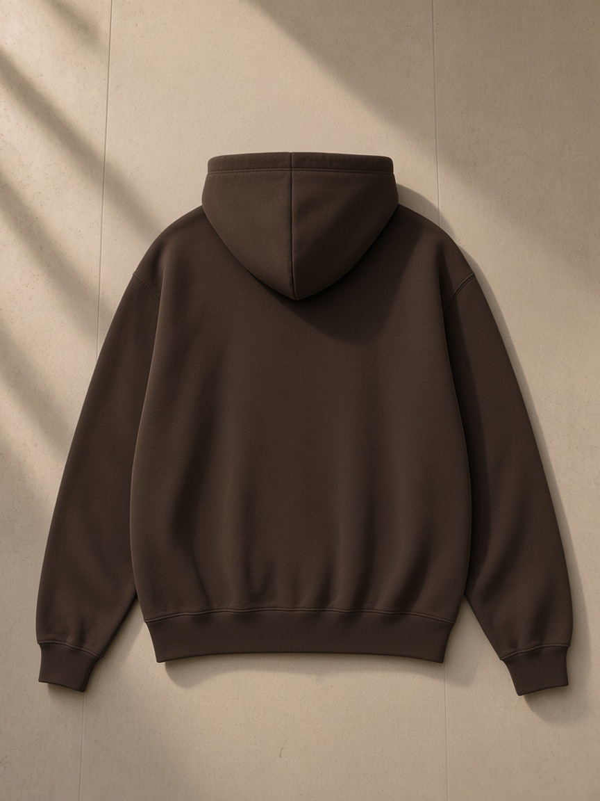 Unisex oversized heavyweight hoodie in Coffee on a wooden hanger on a wardrobe door in a Utah desert suite at night