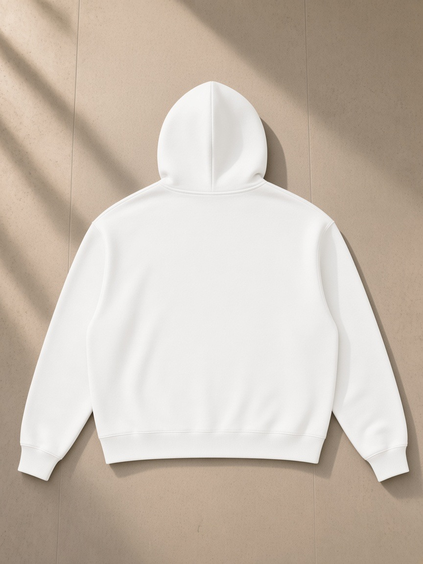 Unisex oversized heavyweight hoodie in White, back view on white. Marcel Afters