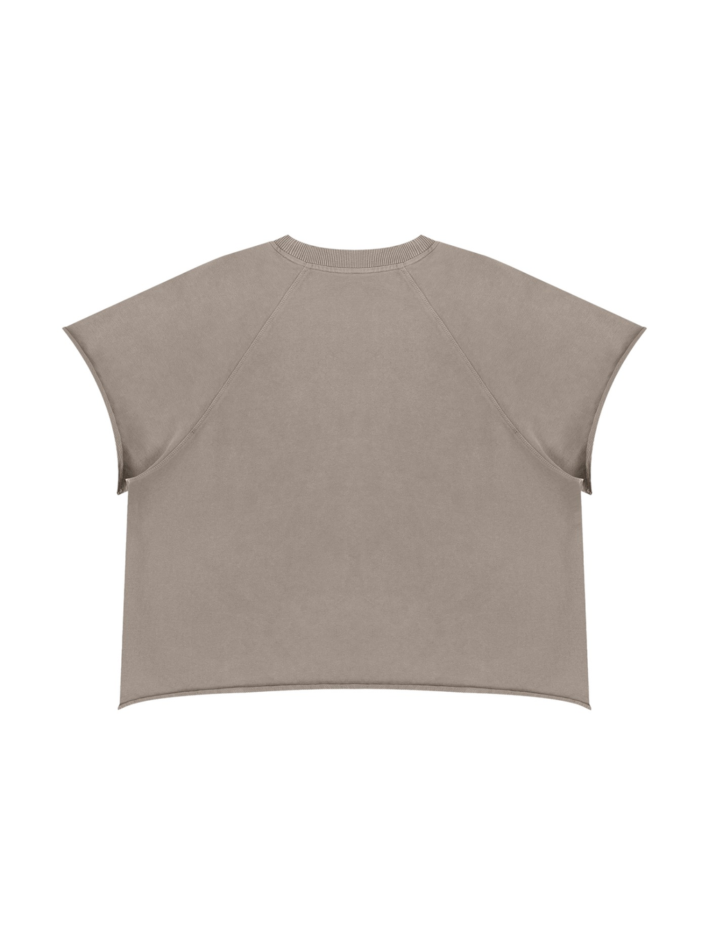 Unisex vintage wash raw edge boxy t-shirt in Khaki Ash, back view on white. Marcel Afters