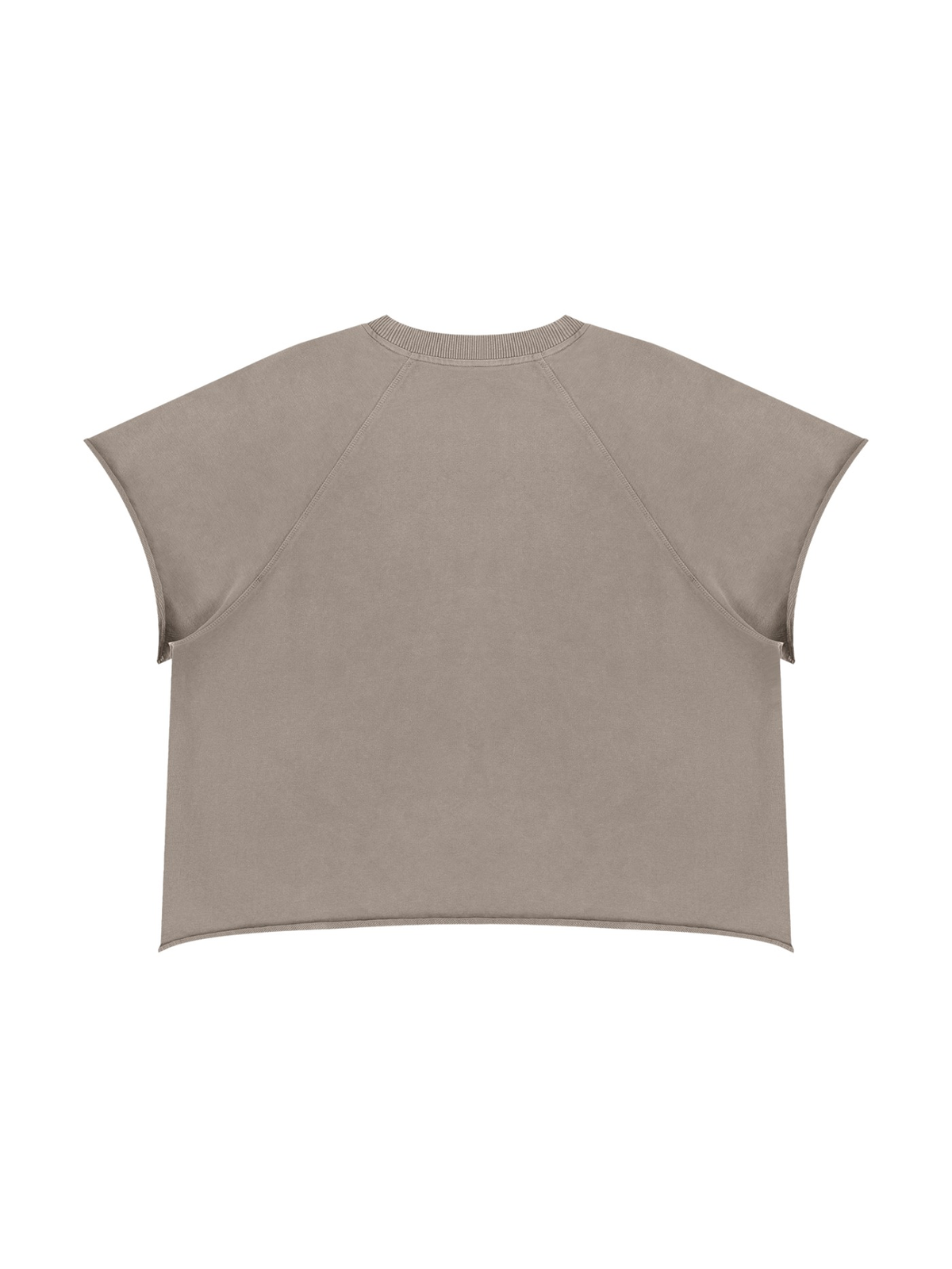 Unisex vintage wash raw edge boxy t-shirt in Khaki Ash, back view on white. Marcel Afters