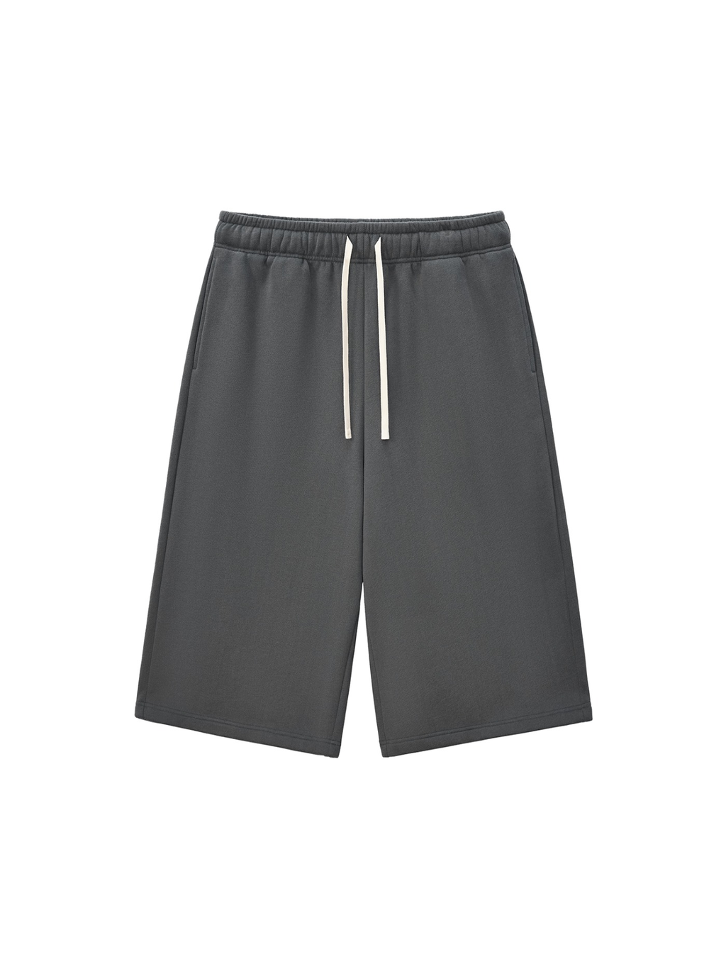 Unisex relaxed drawstring three-quarter sweatpants in Charcoal Gray, front view on white. Marcel Afters
