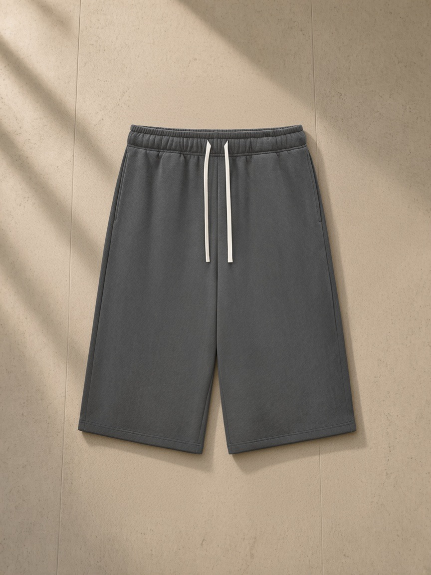 Unisex relaxed drawstring three-quarter sweatpants in Charcoal Gray, laid flat on pale limestone