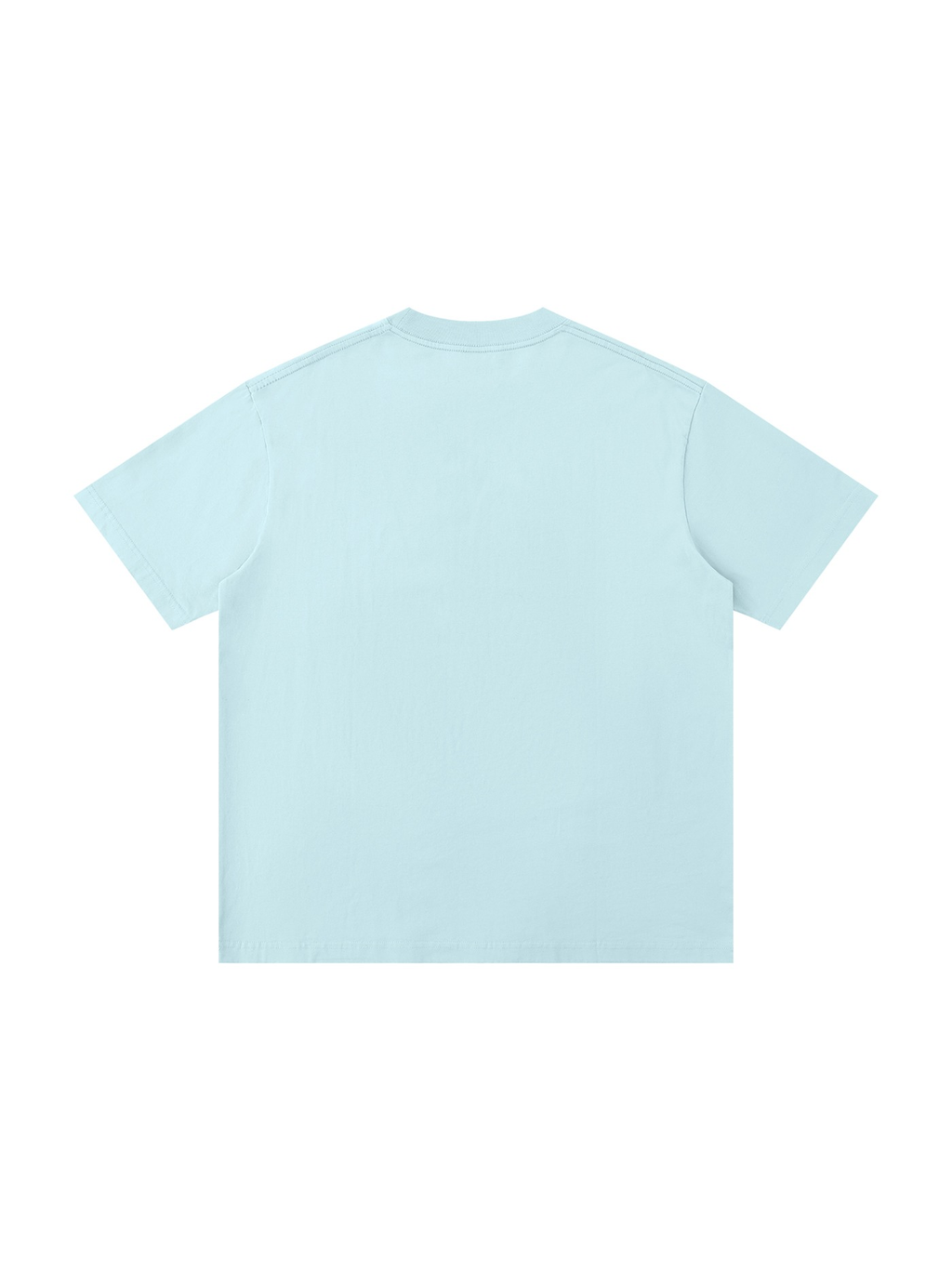 Unisex loose drop shoulder t-shirt in Sky Blue, back view on white. Marcel Afters