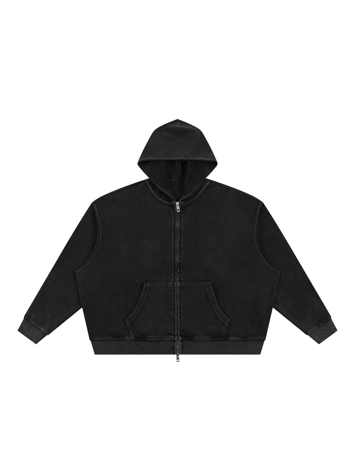 Unisex vintage wash boxy waffle full zip hoodie in Black, front view on white. Marcel Afters