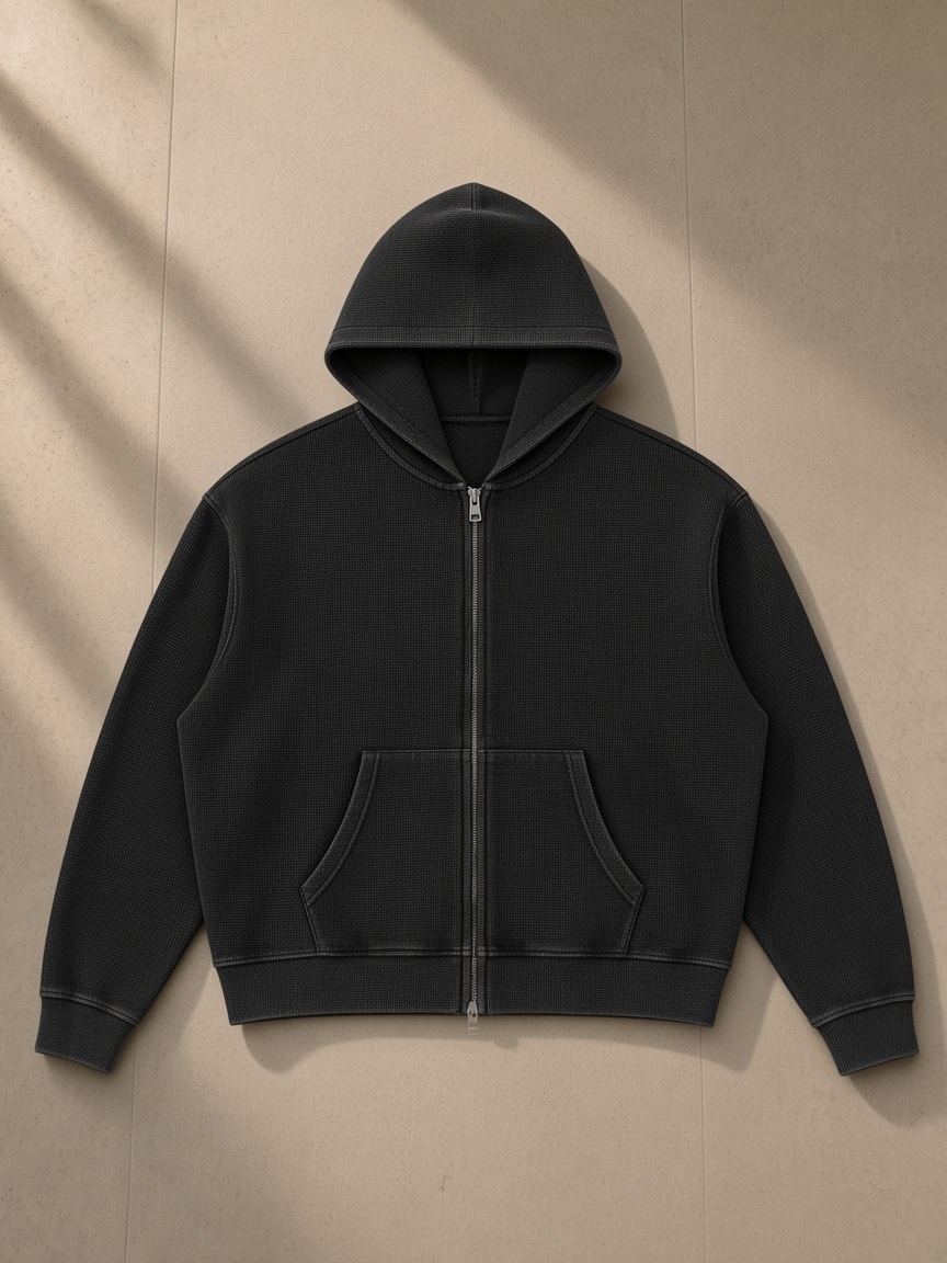 Vintage wash boxy waffle full zip hoodie in Black, laid flat on pale limestone
