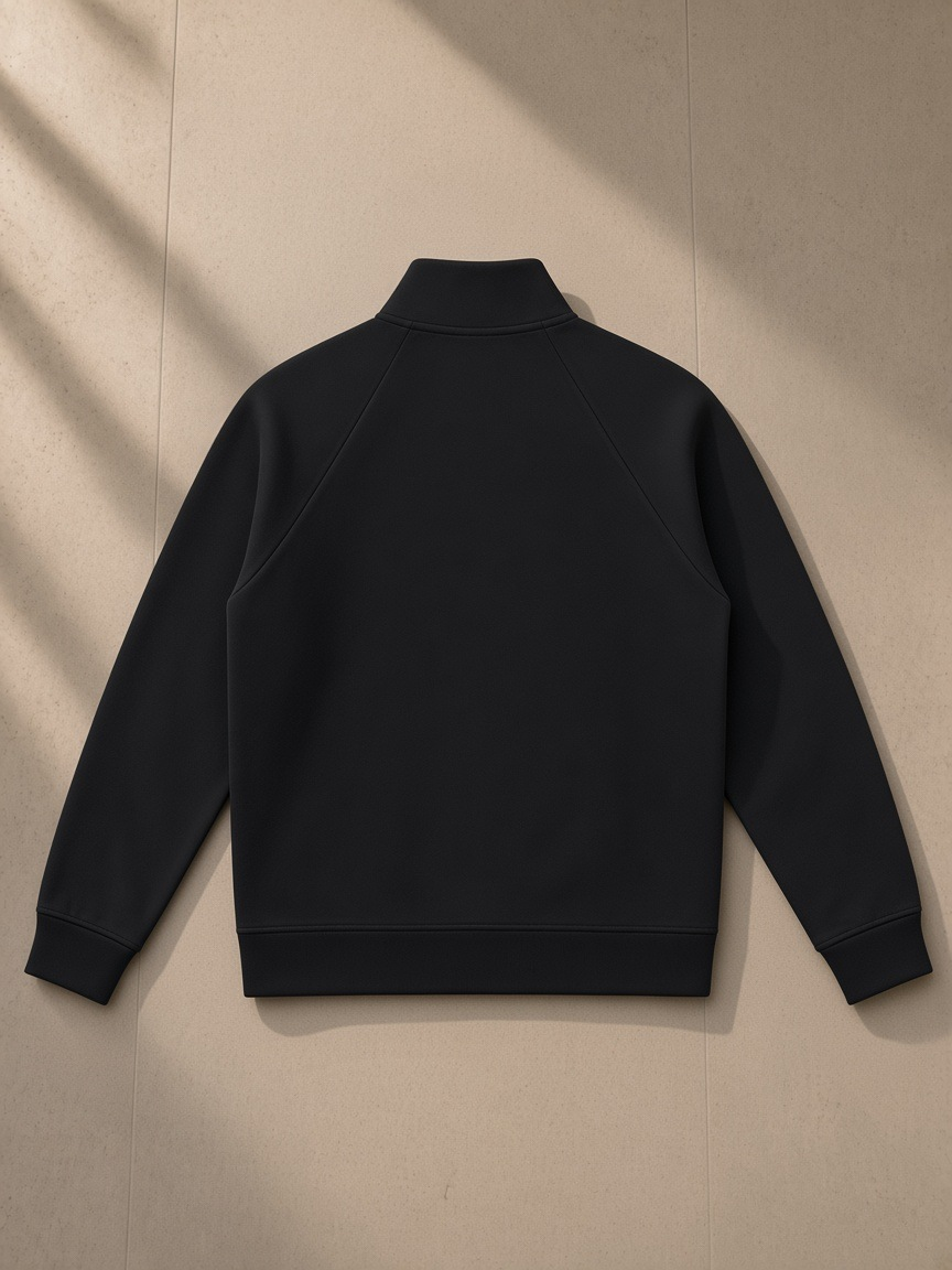 Zip-Pocket Stand Collar Jacket in Black, laid flat on pale limestone, back view