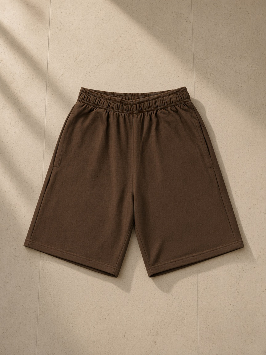 Unisex heavyweight cotton shorts in Coffee, laid flat on pale limestone