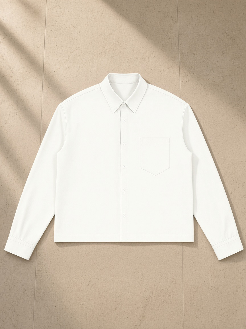 Button-Front Long Sleeve Shirt in White, laid flat on pale limestone