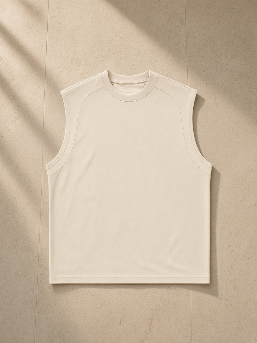 Sorona Quick-Dry Cooling Tank Top in Apricot, laid flat on pale limestone