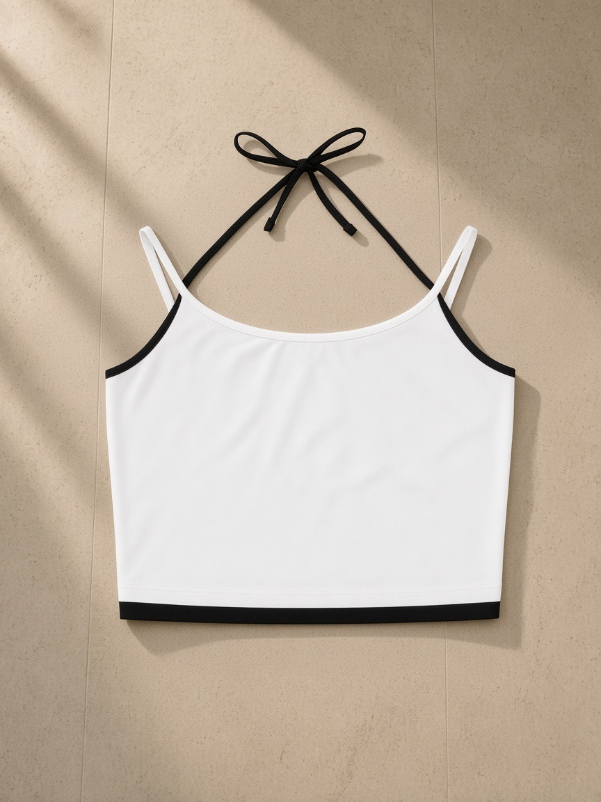 Women's Contrast Binding Halter Top in White, laid flat on pale limestone