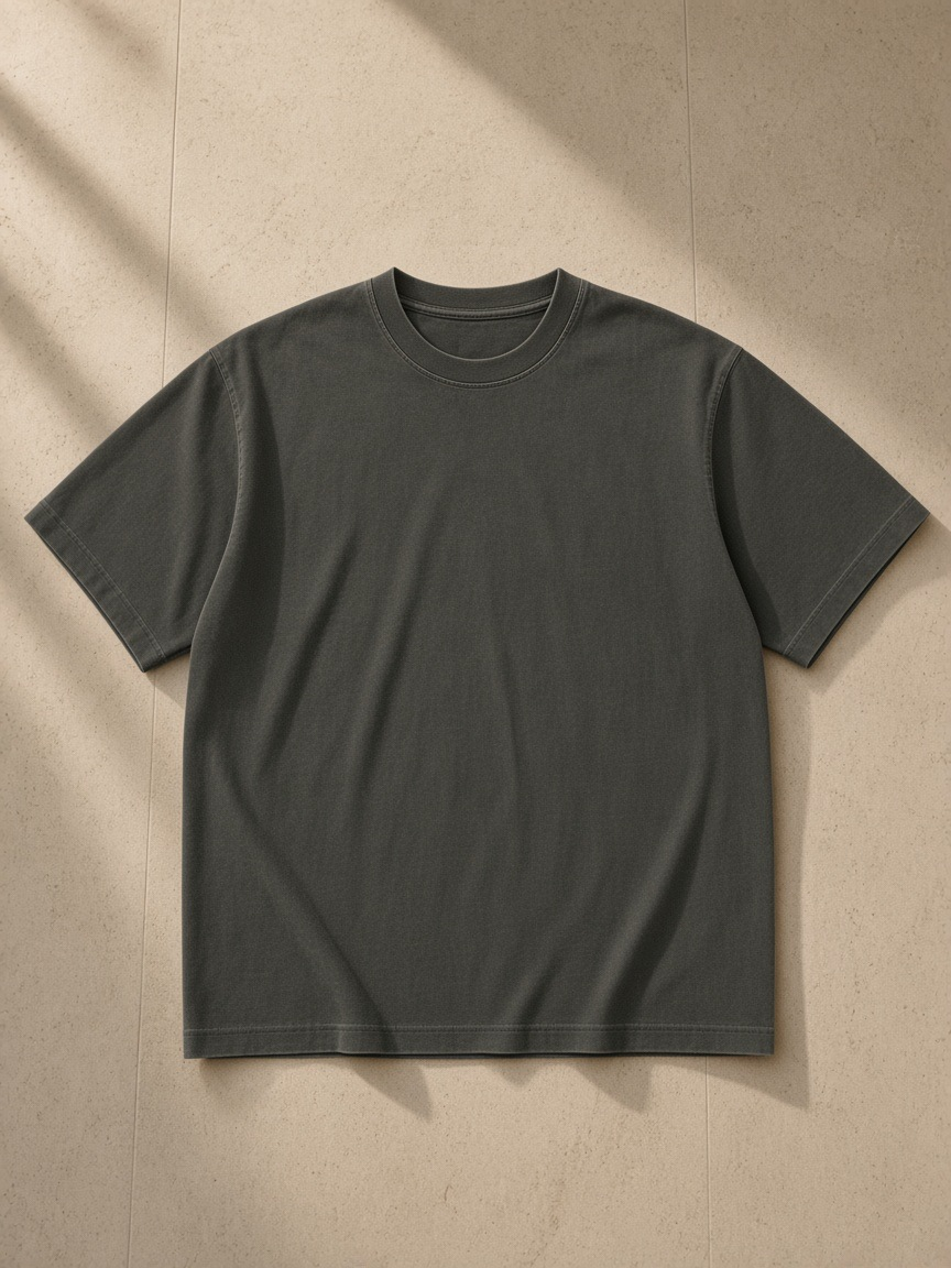 Vintage Wash Boxy T-Shirt in Dark Gray, laid flat on pale limestone