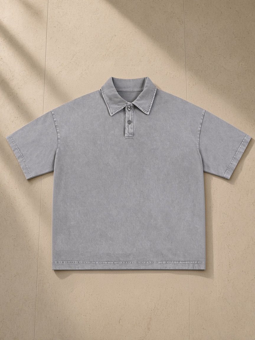 Heavyweight Snow-Washed Polo in Light Gray, laid flat on pale limestone