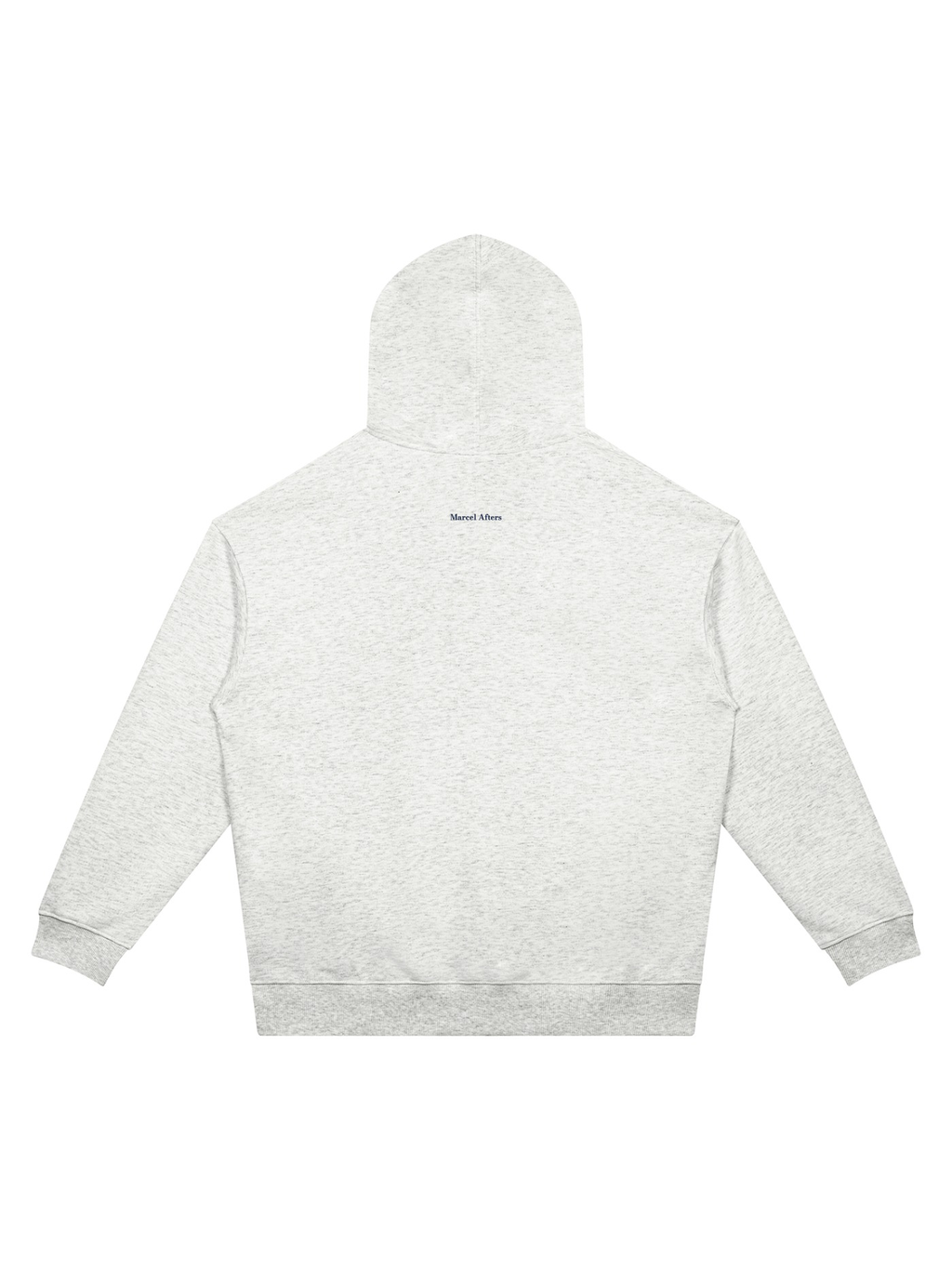 Unisex oversized drop shoulder hoodie in Flower Gray, back view on white. Marcel Afters