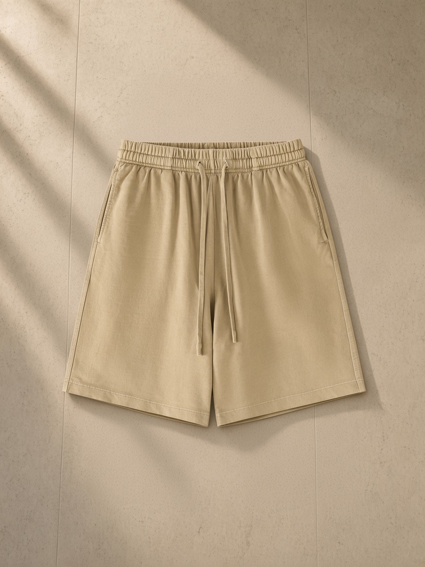 Vintage wash cotton shorts in Khaki, laid flat on pale limestone