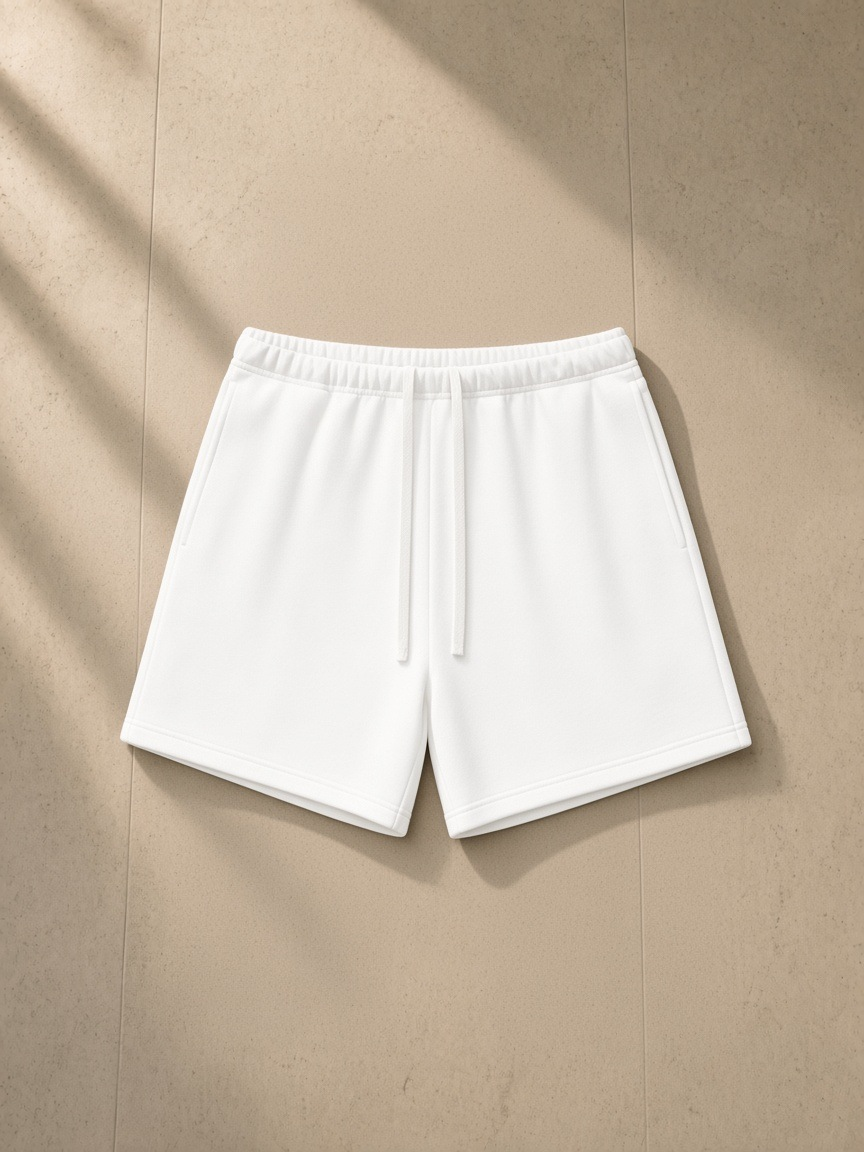 Unisex fleece drawstring sweatshorts in White, laid flat on pale limestone