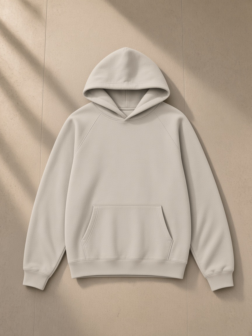 Essential Raglan Sleeve Fleece Hoodie in Oat Gray, laid flat on pale limestone
