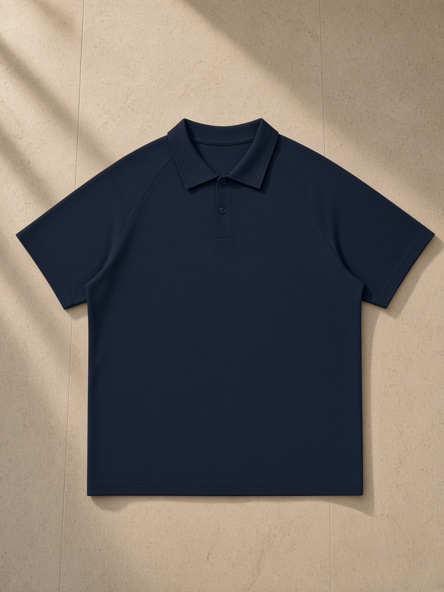 Classic Knit Polo in Navy Blue, laid flat on pale limestone