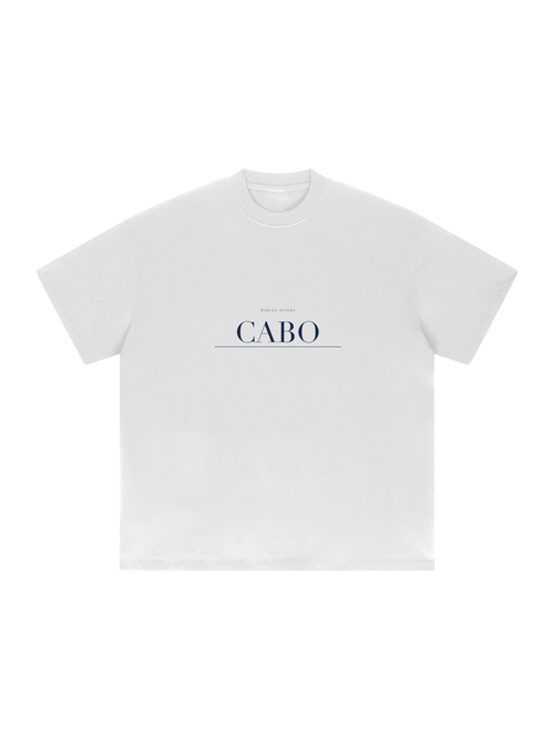 Cabo Heavyweight Drop Shoulder T-Shirt by Marcel Afters in White, front view with the printed artwork, on white