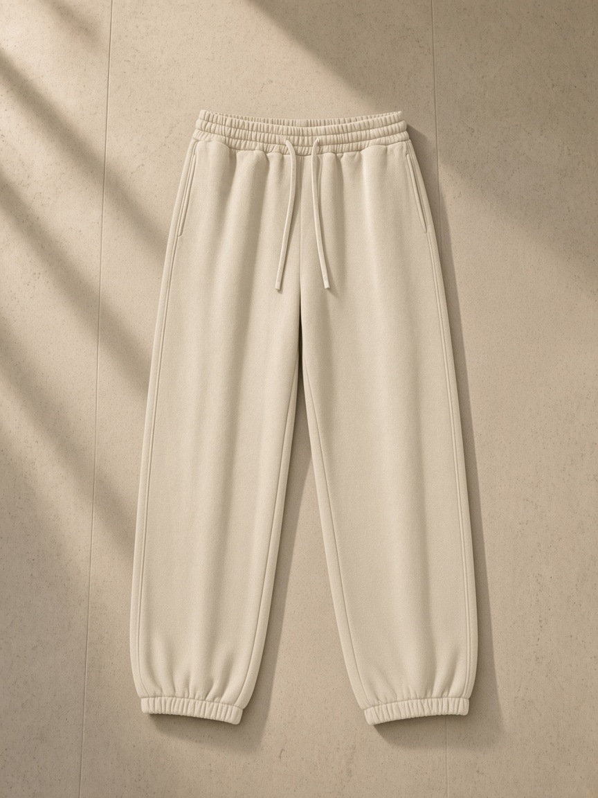Vintage Washed Fleece Jogger Sweatpants in Apricot, laid flat on pale limestone