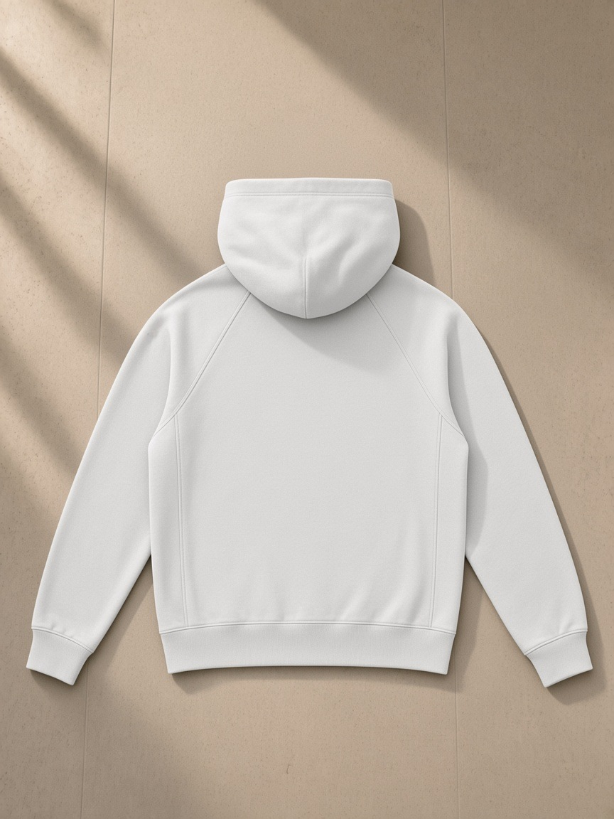 Raglan full zip hoodie in Light Gray, laid flat on pale limestone, back view