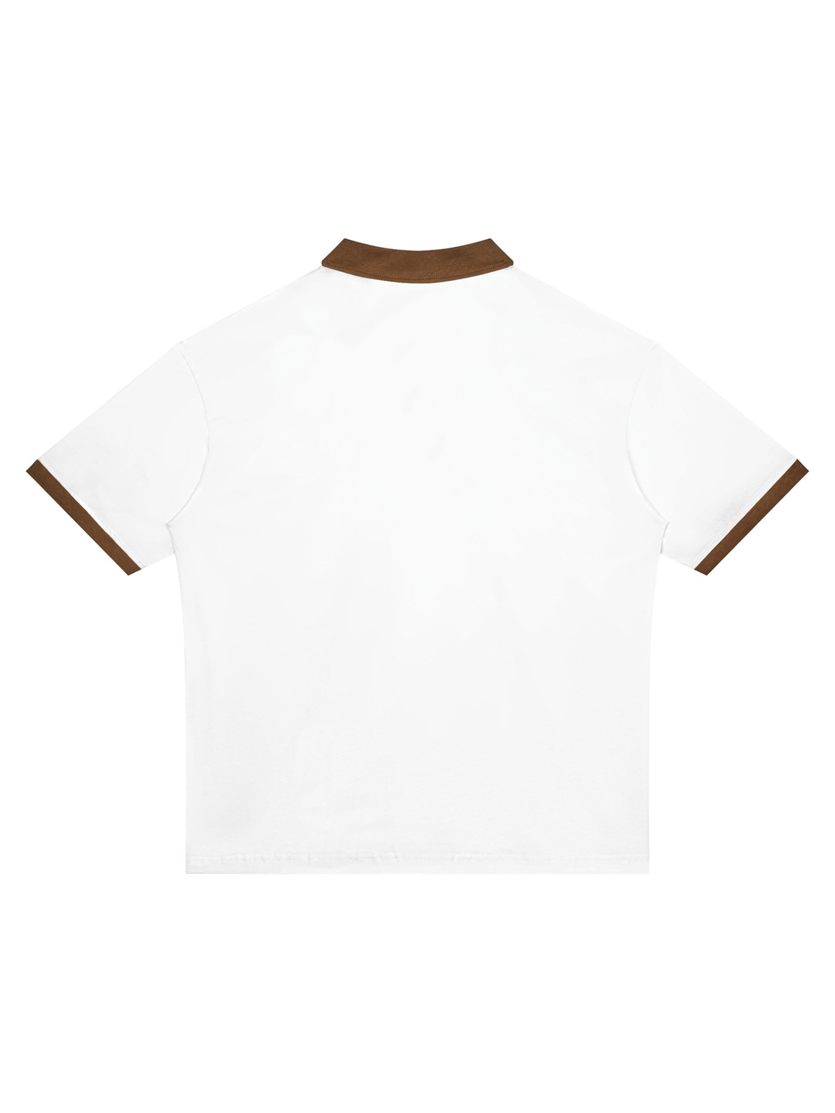 Unisex color block polo shirt in White with Brown, back view on white. Marcel Afters