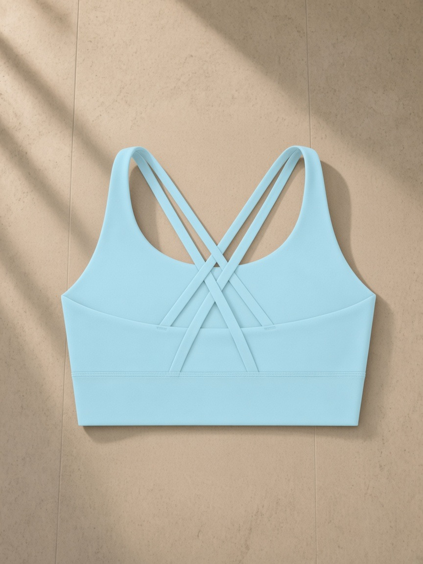 Strappy Criss-Cross Sports Bra in Light Blue, laid flat on pale limestone, back.