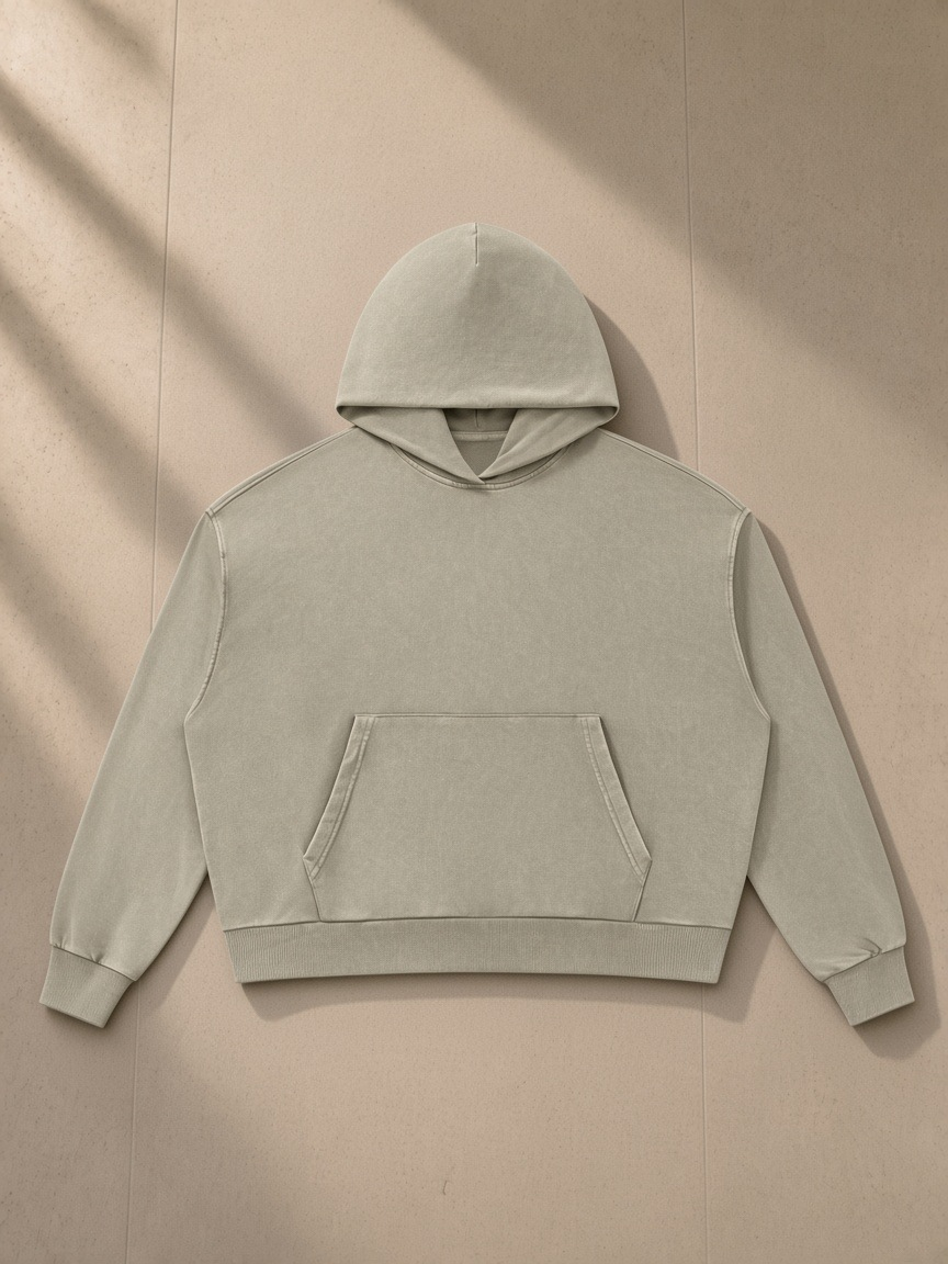 Mineral Wash Boxy Hoodie in Khaki, laid flat on pale limestone