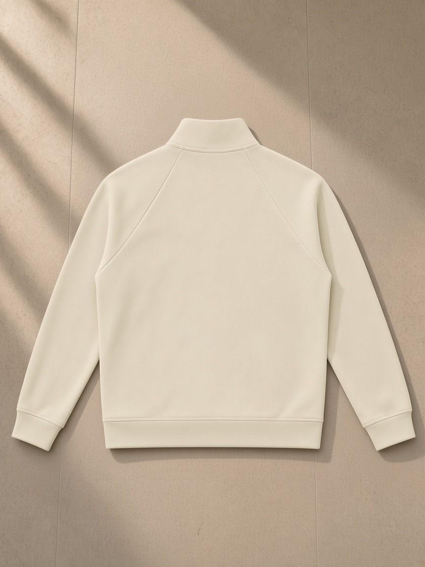 Zip-Pocket Stand Collar Jacket in Light Camel, laid flat on pale limestone, back view