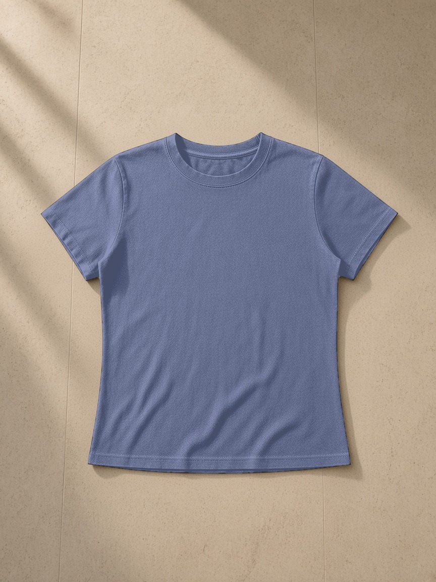 Vintage wash slim fit t-shirt in Navy Blue, laid flat on pale limestone, front view