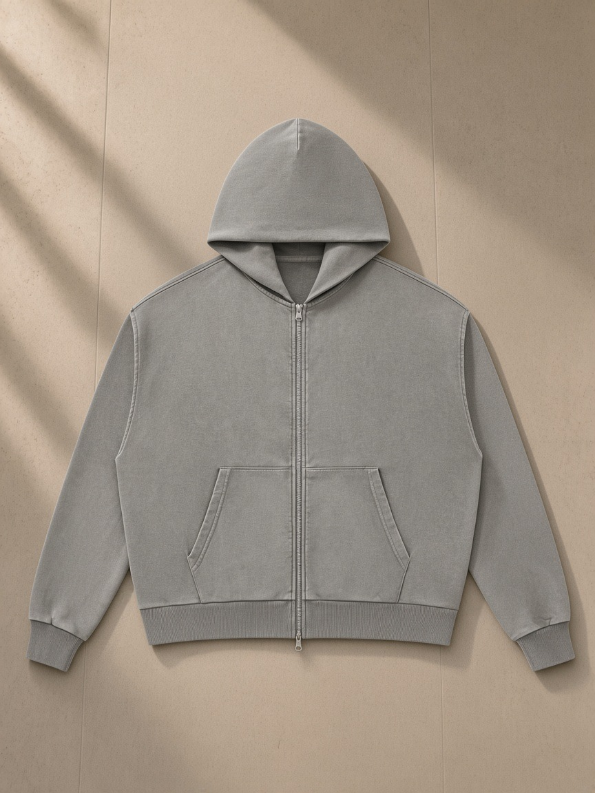 Mineral Wash Boxy Full Zip Hoodie in Light Gray, laid flat on pale limestone